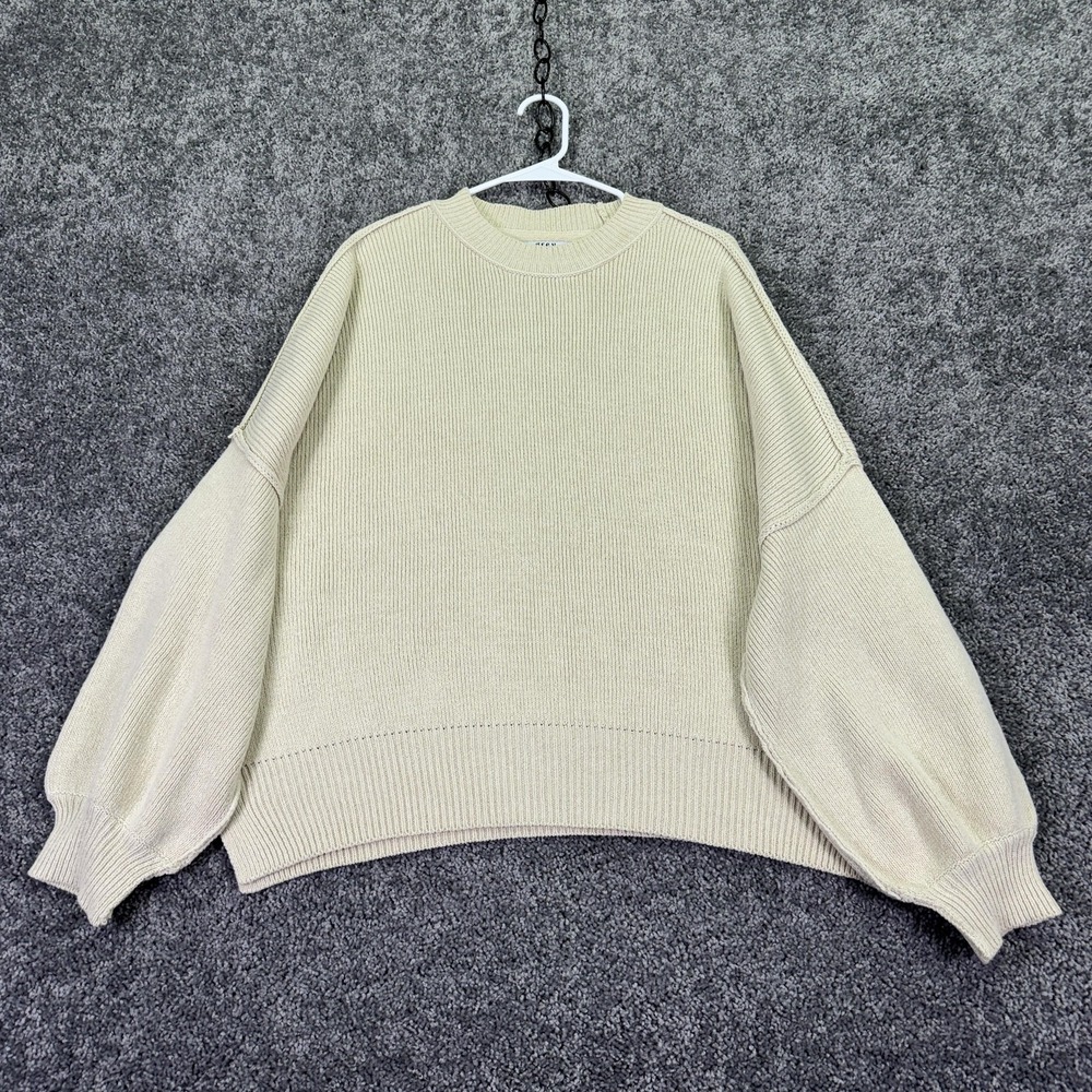 Grey Bandit Sweater Womens Medium White Balloon Sleeve Crew Neck Knit Oversized
